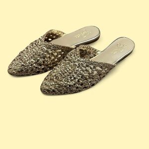 Elegant Gold Leather Woven Mules, Size 7